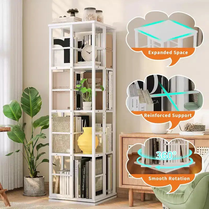 Acekool 4-Tier Metal Rotating Bookshelf, 360 Ball Bearing Storage Rack, Corner Organizer, Industrial
