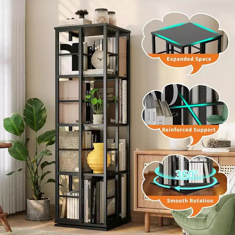 Acekool 4-Tier Metal Rotating Bookshelf, 360 Ball Bearing Storage Rack, Corner Organizer, Industrial