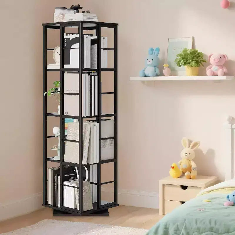 Acekool 4-Tier Metal Rotating Bookshelf, 360 Ball Bearing Storage Rack, Corner Organizer, Industrial