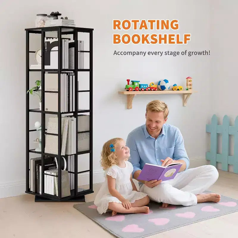Acekool 4-Tier Metal Rotating Bookshelf, 360 Ball Bearing Storage Rack, Corner Organizer, Industrial