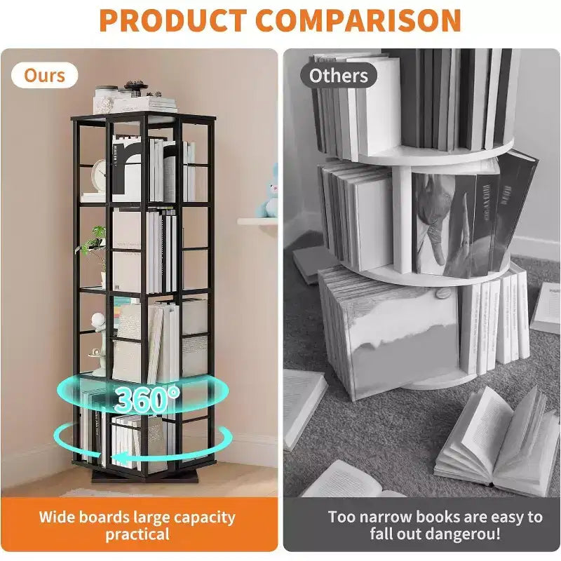 Acekool 4-Tier Metal Rotating Bookshelf, 360 Ball Bearing Storage Rack, Corner Organizer, Industrial