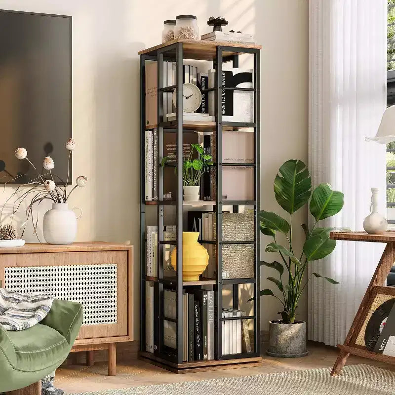Acekool 4-Tier Metal Rotating Bookshelf, 360 Ball Bearing Storage Rack, Corner Organizer, Industrial
