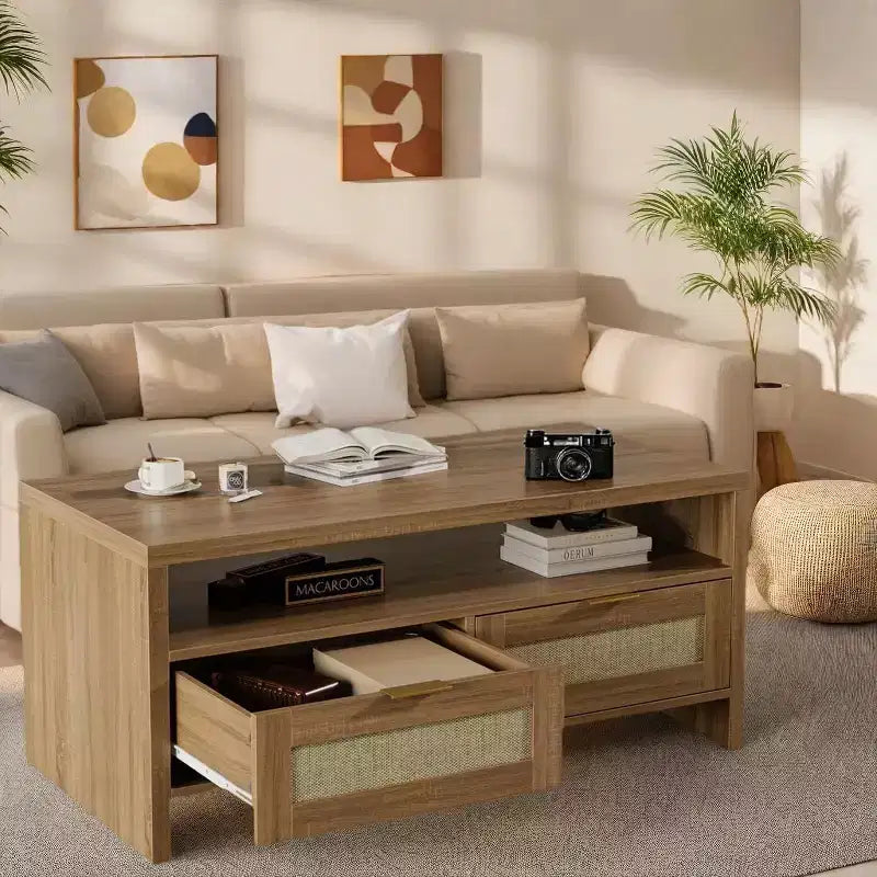 Acekool Bohemian Chic Oak Coffee Table, Rattan Drawers, Gold Handles, 2-Drawer Storage, Modern Mid-Century, Vintage Brown