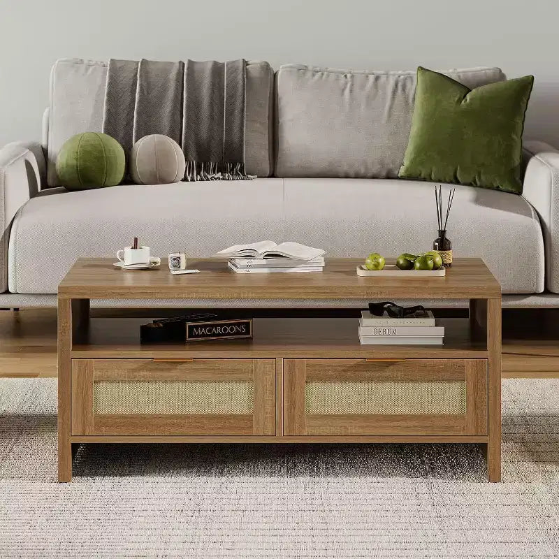 Acekool Bohemian Chic Oak Coffee Table, Rattan Drawers, Gold Handles, 2-Drawer Storage, Modern Mid-Century, Vintage Brown