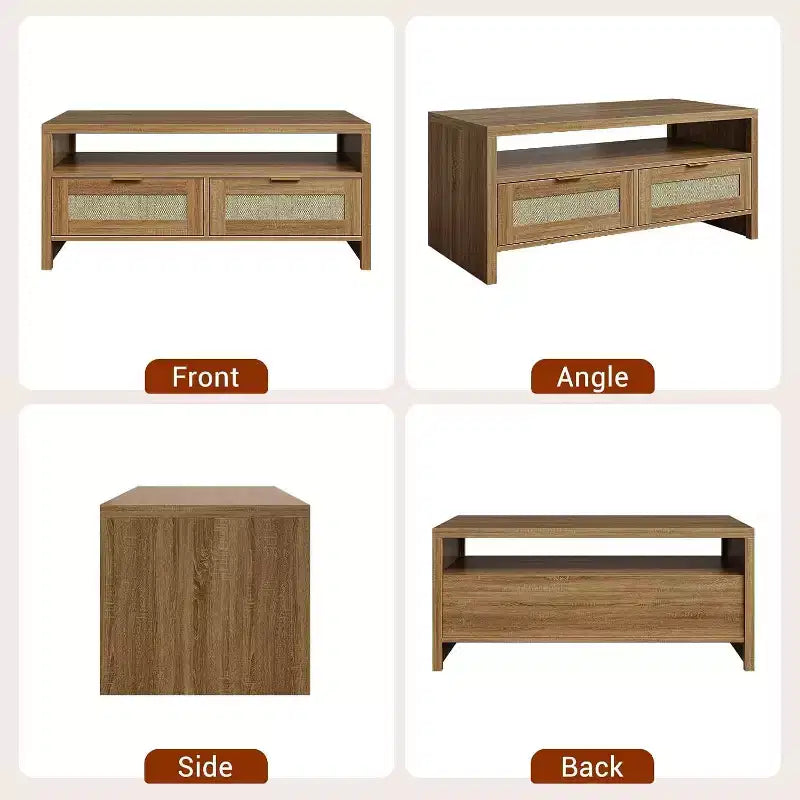 Acekool Bohemian Chic Oak Coffee Table, Rattan Drawers, Gold Handles, 2-Drawer Storage, Modern Mid-Century, Vintage Brown