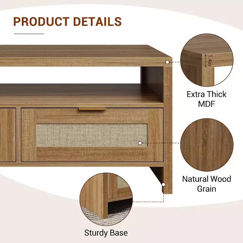 Acekool Bohemian Chic Oak Coffee Table, Rattan Drawers, Gold Handles, 2-Drawer Storage, Modern Mid-Century, Vintage Brown