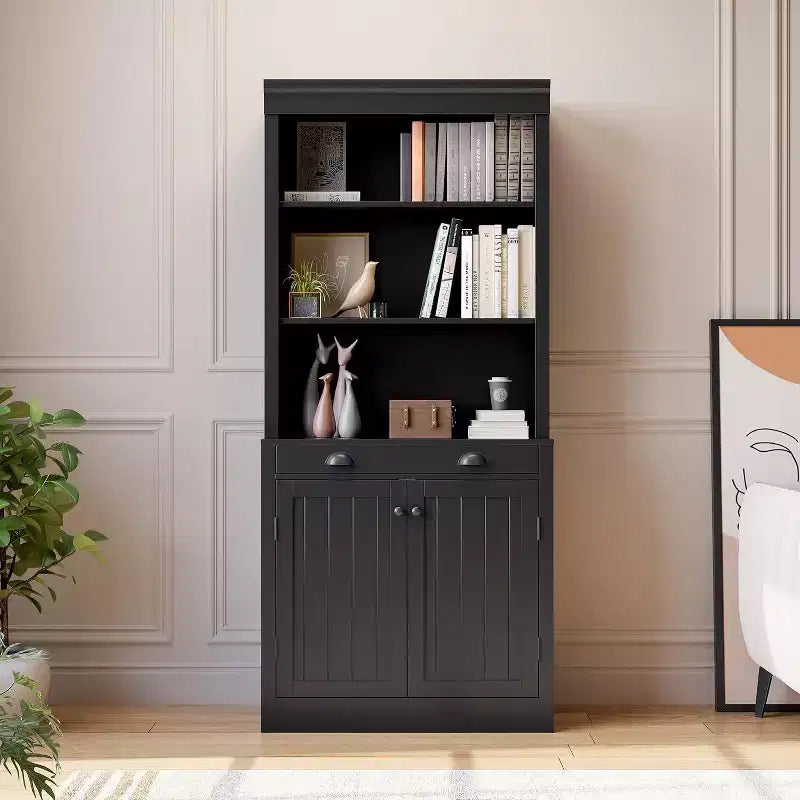 Acekool Modern Bookcase with Louvered Doors, Adjustable Shelves, Drawer & Cabinet, Set of 2, Safety Anti-Tip, White