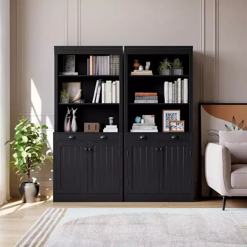 Acekool Modern Bookcase with Louvered Doors, Adjustable Shelves, Drawer & Cabinet, Set of 2, Safety Anti-Tip, White