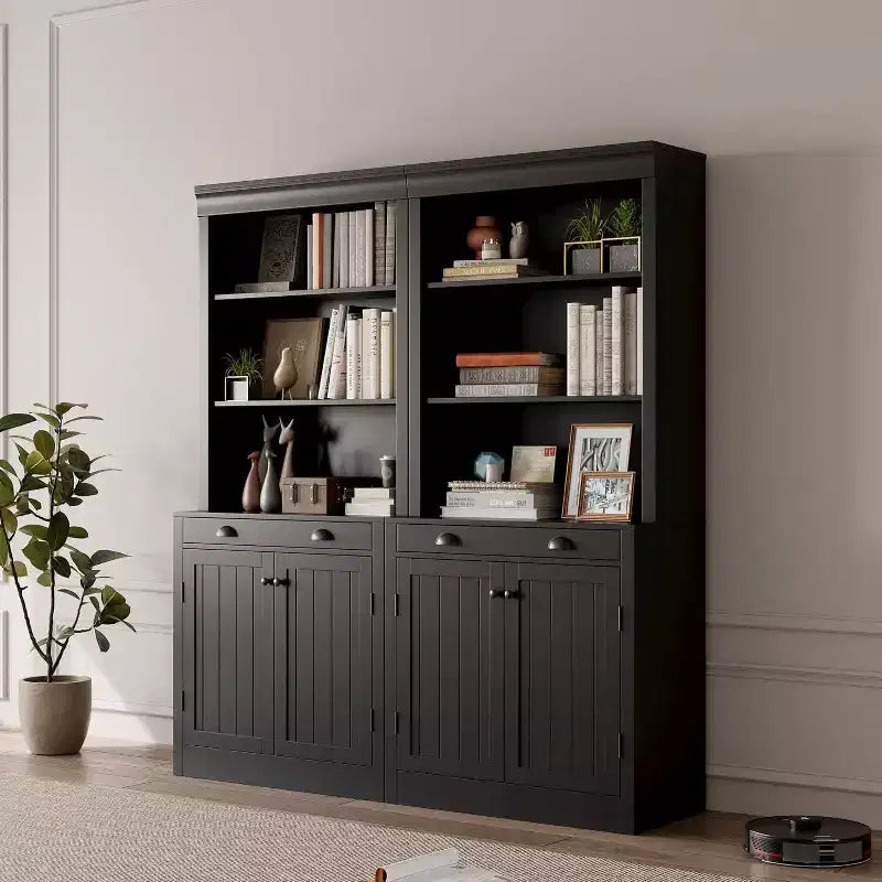 Acekool Modern Bookcase with Louvered Doors, Adjustable Shelves, Drawer & Cabinet, Set of 2, Safety Anti-Tip, White