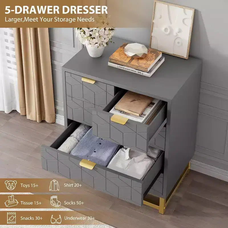 Acekool Modern 5-Drawer Storage Cabinet with Metal Handles for Bedroom, Living Room, or Entryway  White with Gold Metal Legs