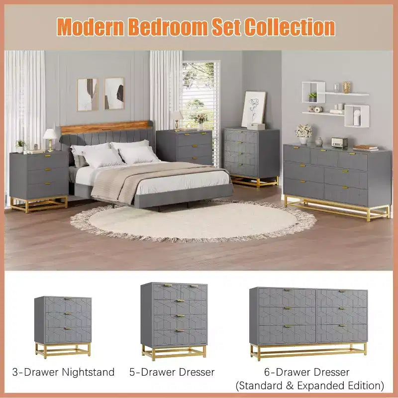 Acekool Modern 5-Drawer Storage Cabinet with Metal Handles for Bedroom, Living Room, or Entryway  White with Gold Metal Legs