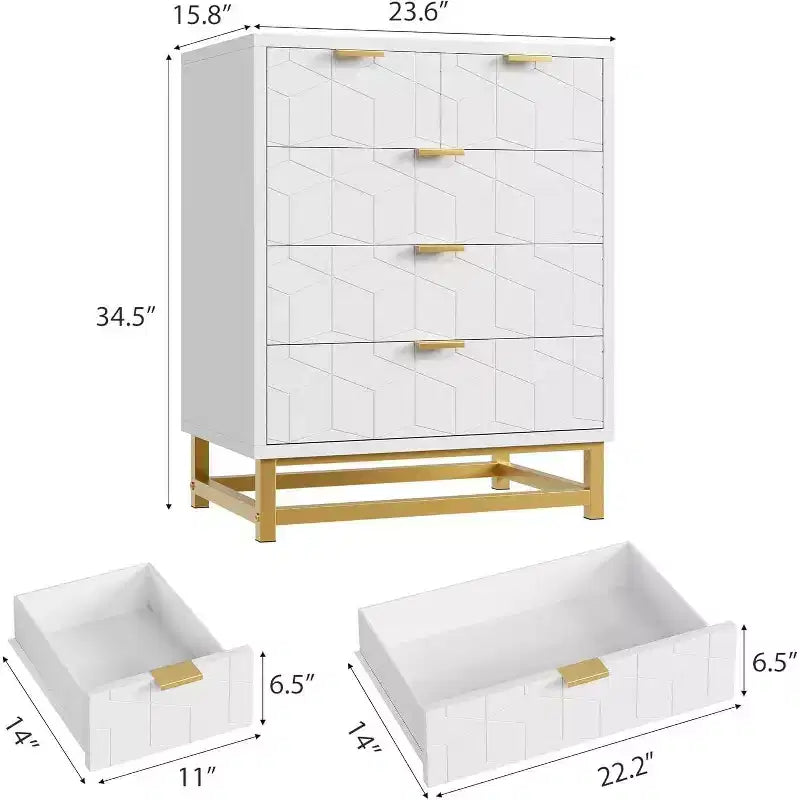 Acekool Modern 5-Drawer Storage Cabinet with Metal Handles for Bedroom, Living Room, or Entryway  White with Gold Metal Legs