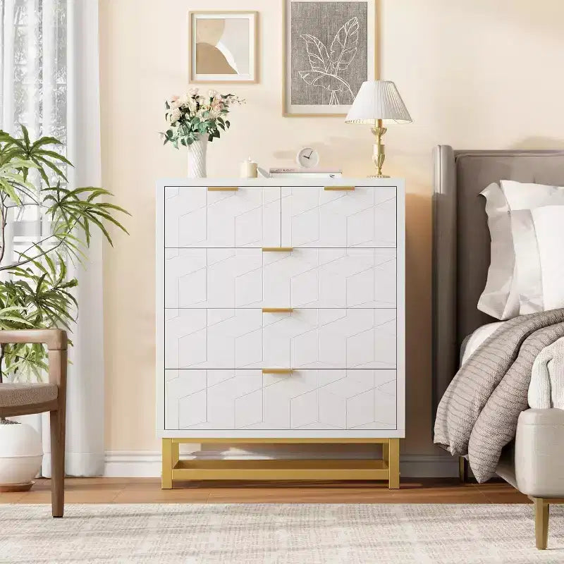 Acekool Modern 5-Drawer Storage Cabinet with Metal Handles for Bedroom, Living Room, or Entryway  White with Gold Metal Legs