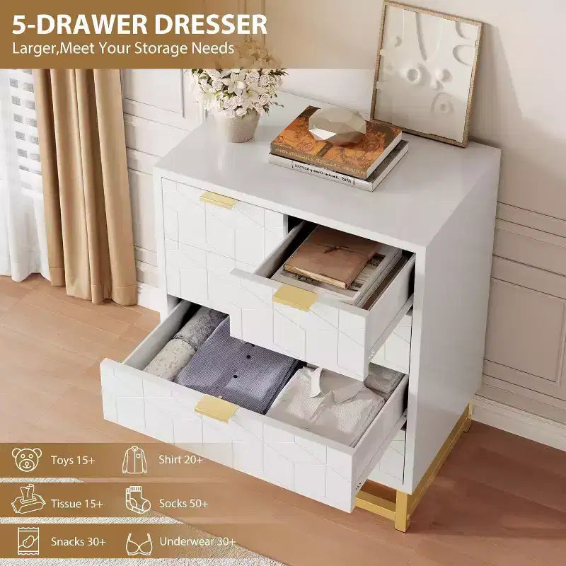 Acekool Modern 5-Drawer Storage Cabinet with Metal Handles for Bedroom, Living Room, or Entryway  White with Gold Metal Legs