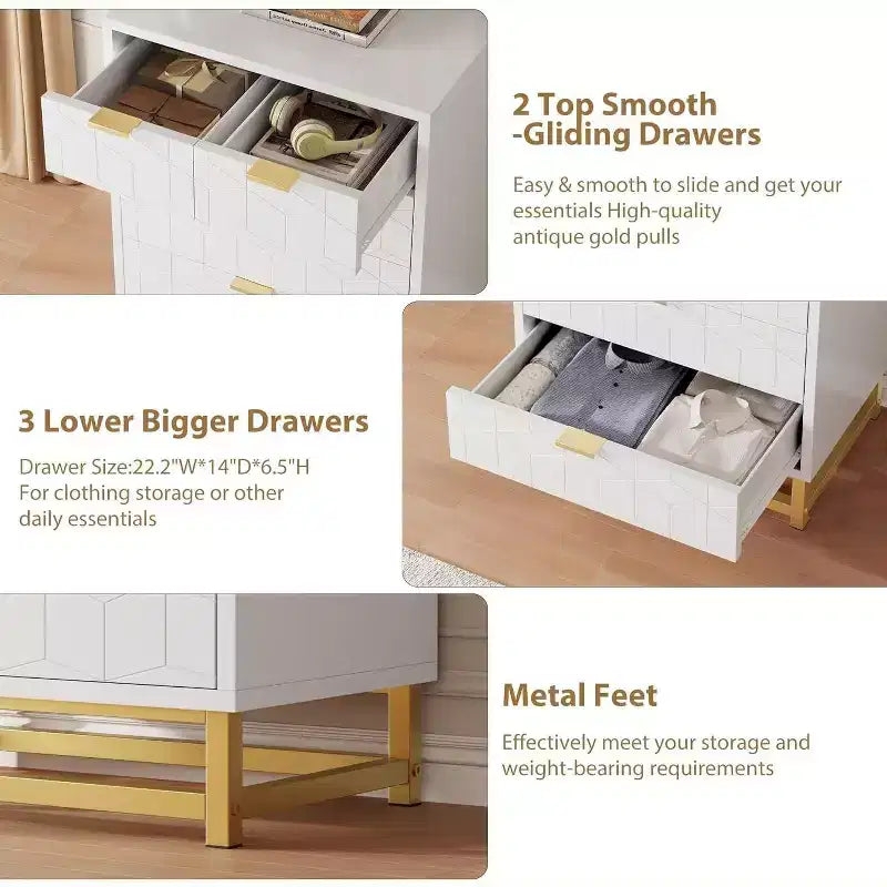 Acekool Modern 5-Drawer Storage Cabinet with Metal Handles for Bedroom, Living Room, or Entryway  White with Gold Metal Legs