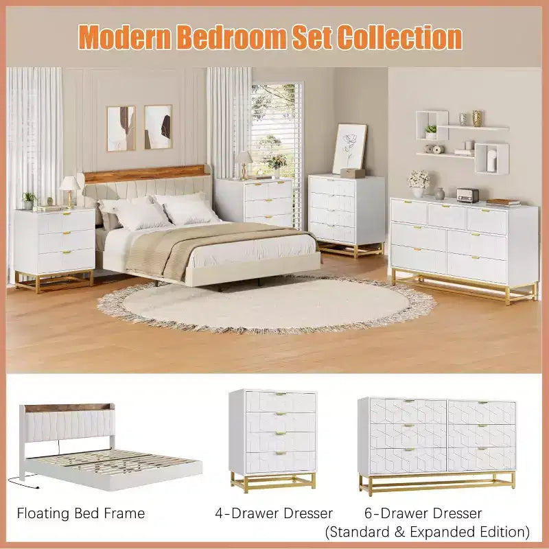 Acekool Modern 5-Drawer Storage Cabinet with Metal Handles for Bedroom, Living Room, or Entryway  White with Gold Metal Legs