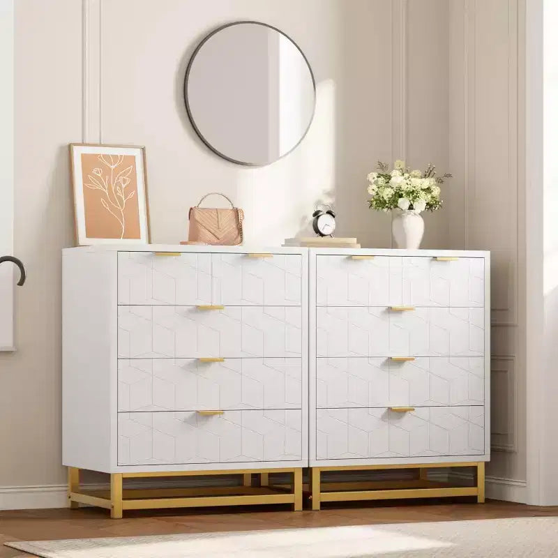 Acekool Modern 5-Drawer Storage Cabinet with Metal Handles for Bedroom, Living Room, or Entryway  White with Gold Metal Legs