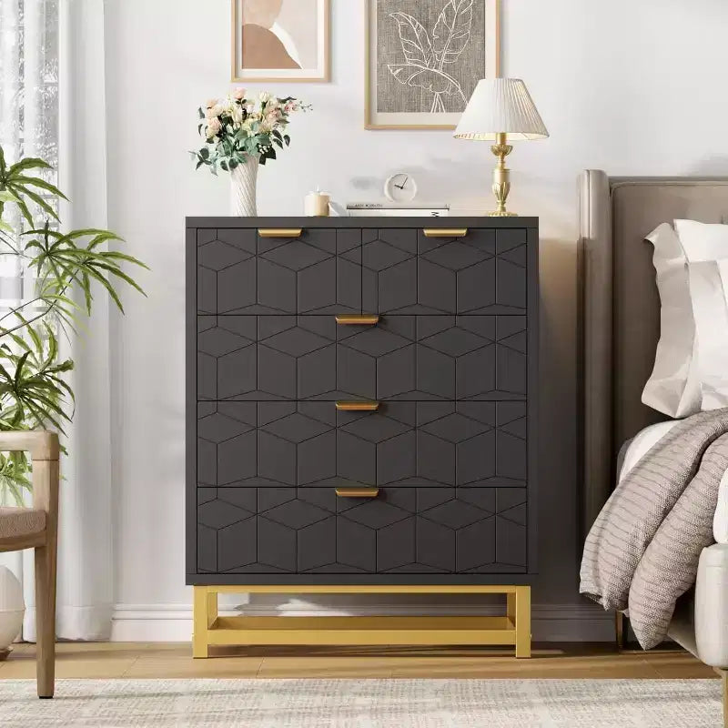Acekool Modern 5-Drawer Storage Cabinet with Metal Handles for Bedroom, Living Room, or Entryway  White with Gold Metal Legs