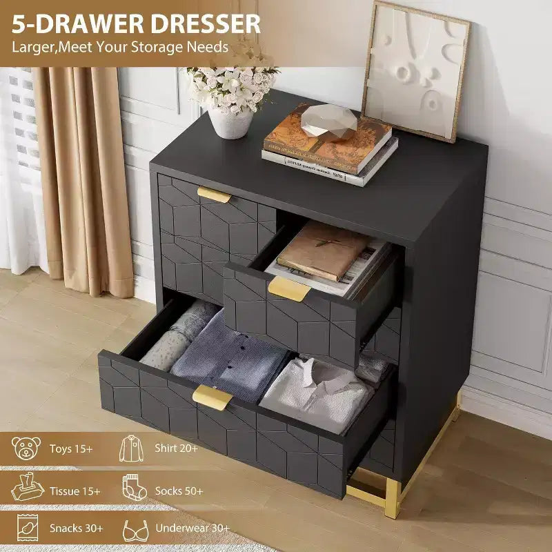 Acekool Modern 5-Drawer Storage Cabinet with Metal Handles for Bedroom, Living Room, or Entryway  White with Gold Metal Legs