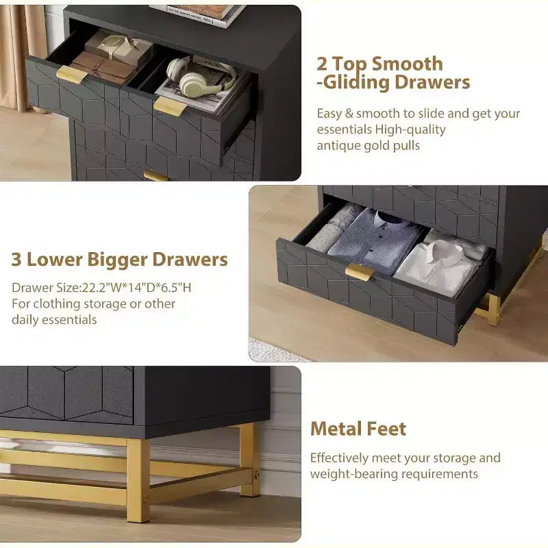 Acekool Modern 5-Drawer Storage Cabinet with Metal Handles for Bedroom, Living Room, or Entryway  White with Gold Metal Legs