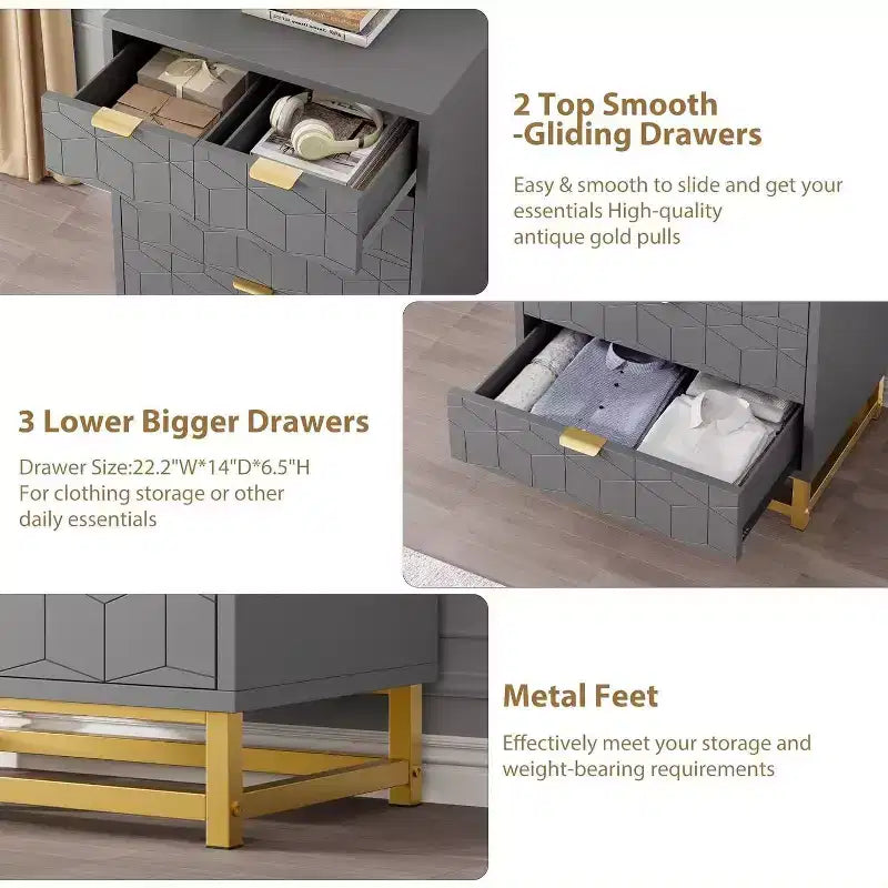 Acekool Modern 5-Drawer Storage Cabinet with Metal Handles for Bedroom, Living Room, or Entryway  White with Gold Metal Legs