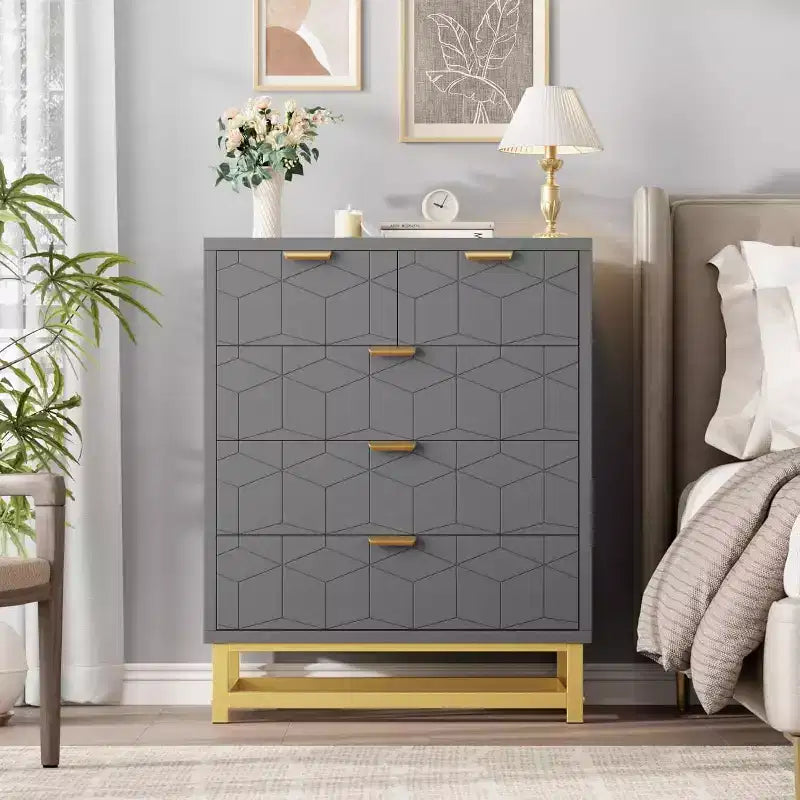 Acekool Modern 5-Drawer Storage Cabinet with Metal Handles for Bedroom, Living Room, or Entryway  White with Gold Metal Legs