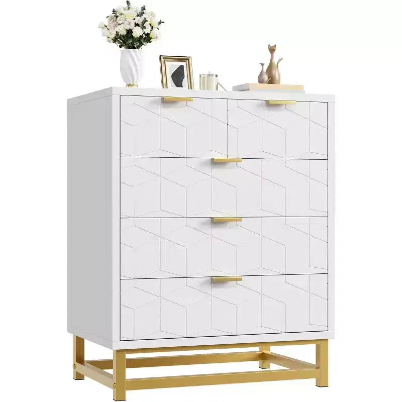 Acekool Modern 5-Drawer Storage Cabinet with Metal Handles for Bedroom, Living Room, or Entryway  White with Gold Metal Legs