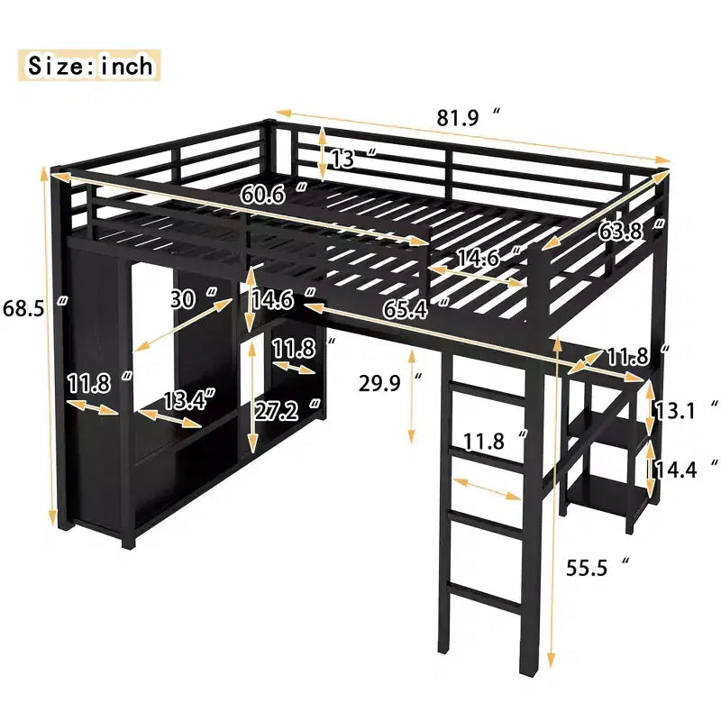 Queen Size Loft Bed Frame with Built-in Wardrobe Metal Loft Bed with Desk and Storage Shelves Black