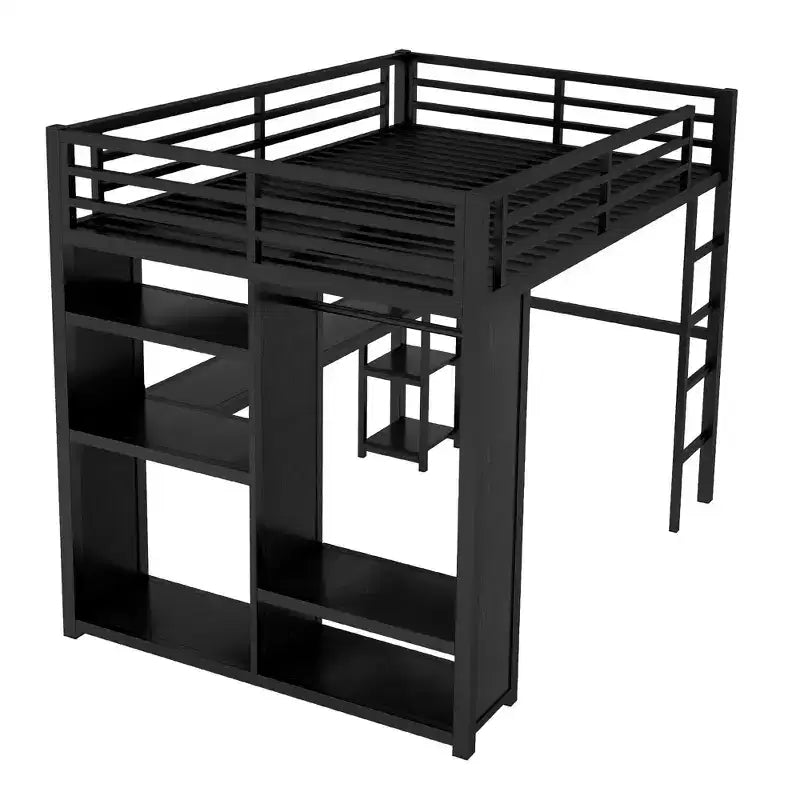 Queen Size Loft Bed Frame with Built-in Wardrobe Metal Loft Bed with Desk and Storage Shelves Black