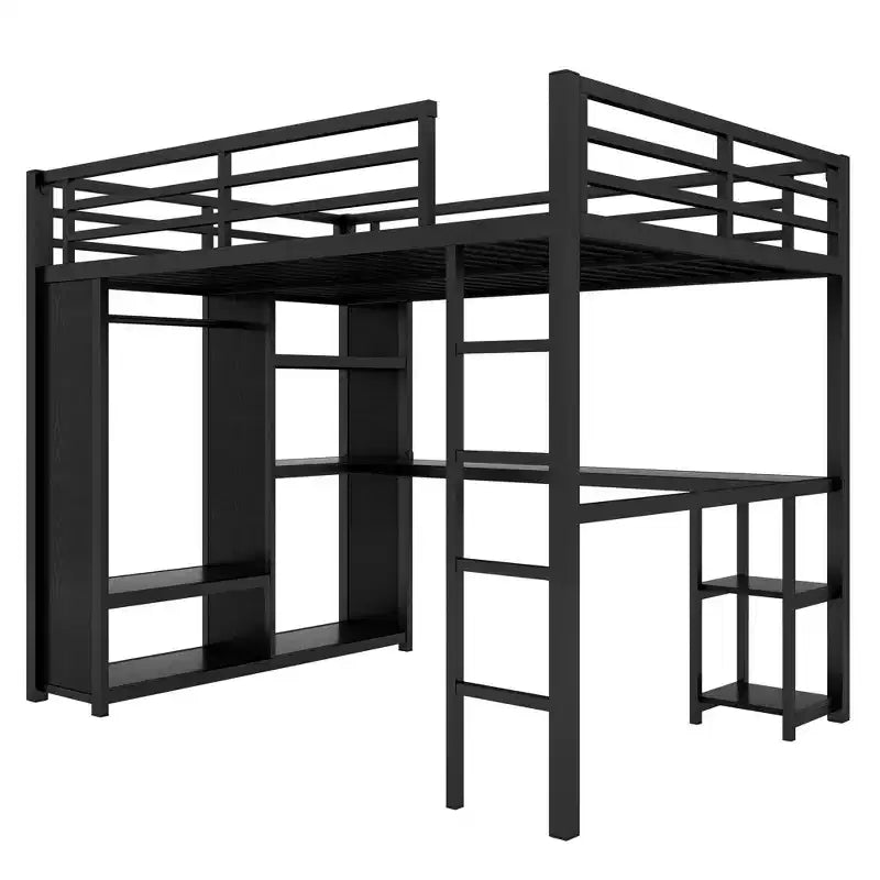 Queen Size Loft Bed Frame with Built-in Wardrobe Metal Loft Bed with Desk and Storage Shelves Black