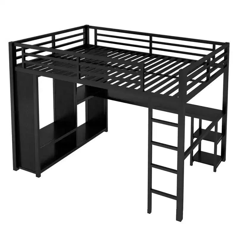 Queen Size Loft Bed Frame with Built-in Wardrobe Metal Loft Bed with Desk and Storage Shelves Black