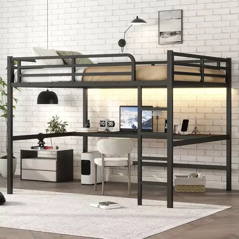 Metal Twin XL Size Loft Bed with Power Outlet and LED Lighted Space-Saving Noise Reduced Black