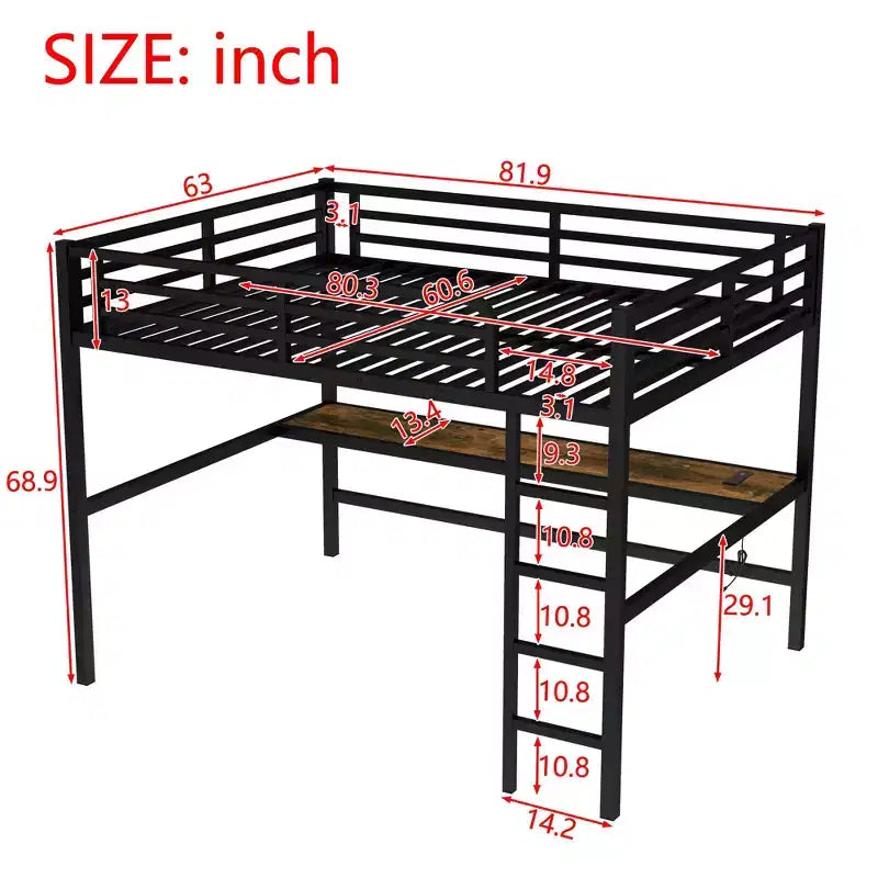 Metal Twin XL Size Loft Bed with Power Outlet and LED Lighted Space-Saving Noise Reduced Black