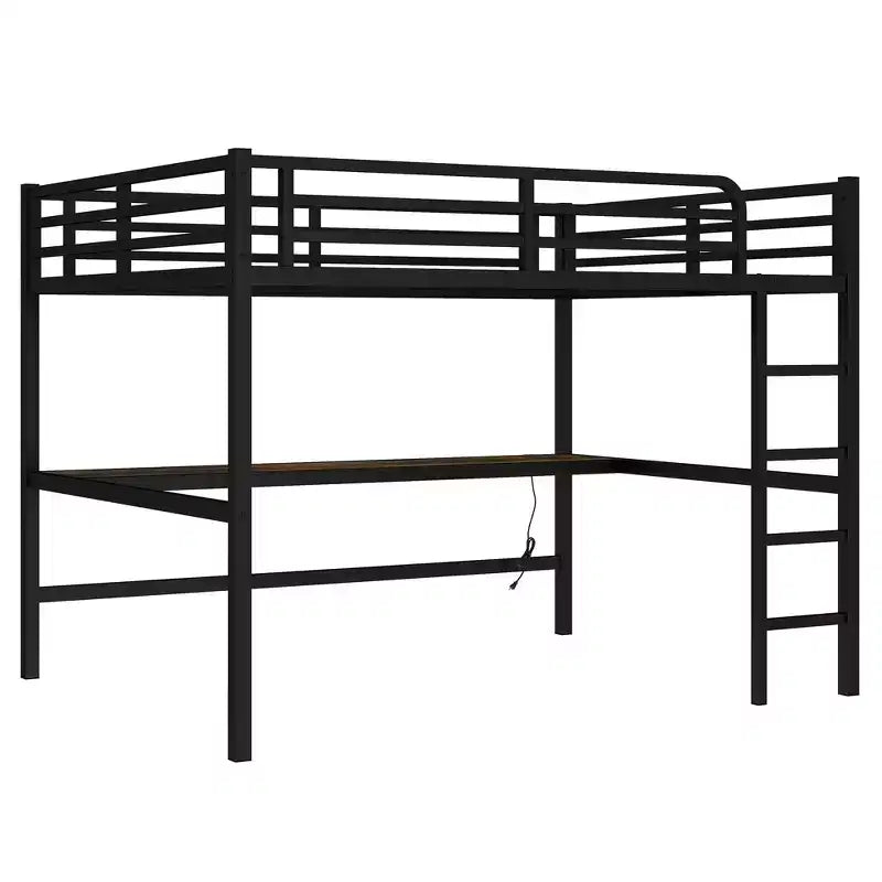 Metal Twin XL Size Loft Bed with Power Outlet and LED Lighted Space-Saving Noise Reduced Black