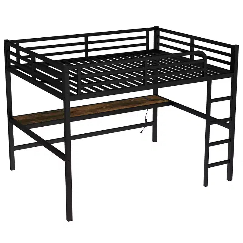 Metal Twin XL Size Loft Bed with Power Outlet and LED Lighted Space-Saving Noise Reduced Black