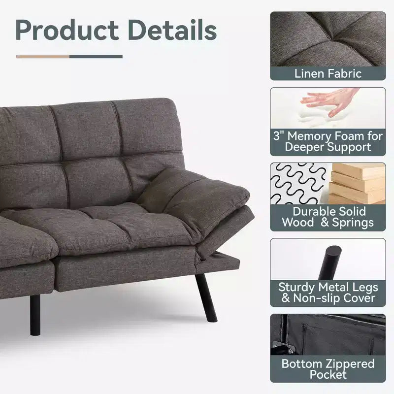 Dyonery 71 Sofa Bed Convertible Couch, Sofa Bed with Memory Foam, Adjustable Backrest & Armrests, Multifunctional Small Loveseat Sleeper Sofa