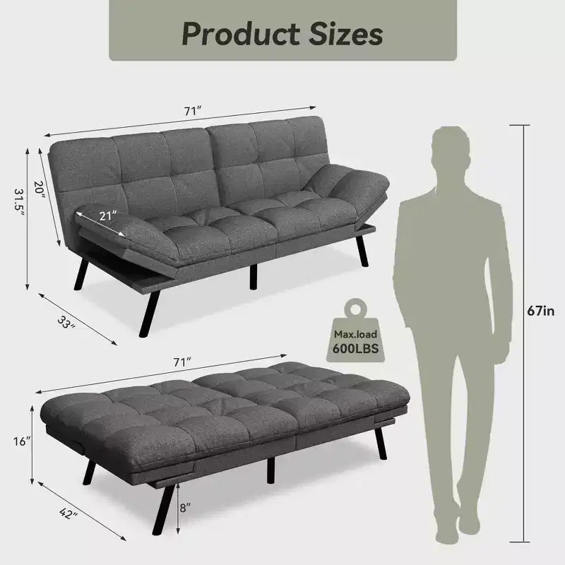 Dyonery 71 Sofa Bed Convertible Couch, Sofa Bed with Memory Foam, Adjustable Backrest & Armrests, Multifunctional Small Loveseat Sleeper Sofa