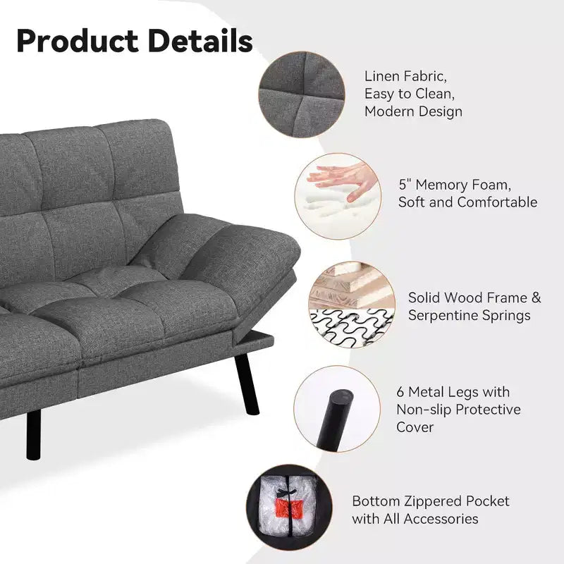 Dyonery 71 Sofa Bed Convertible Couch, Sofa Bed with Memory Foam, Adjustable Backrest & Armrests, Multifunctional Small Loveseat Sleeper Sofa