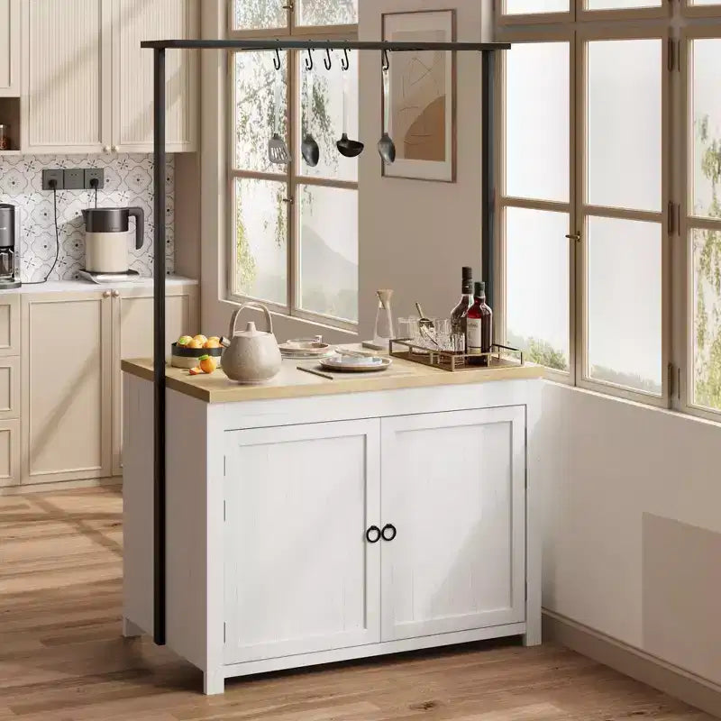 Coolmee Mobile Kitchen Island with Storage 42 - Heavy Duty Kitchen Cart with 2-Tier Shelves & 5 Hooks, Wood Countertop for Small Spaces