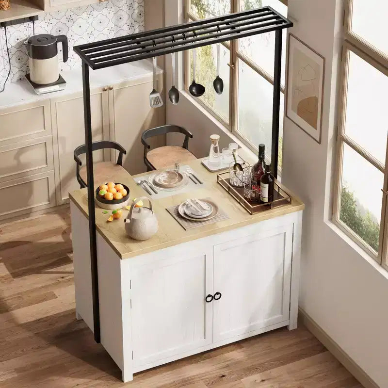 Coolmee Mobile Kitchen Island with Storage 42 - Heavy Duty Kitchen Cart with 2-Tier Shelves & 5 Hooks, Wood Countertop for Small Spaces