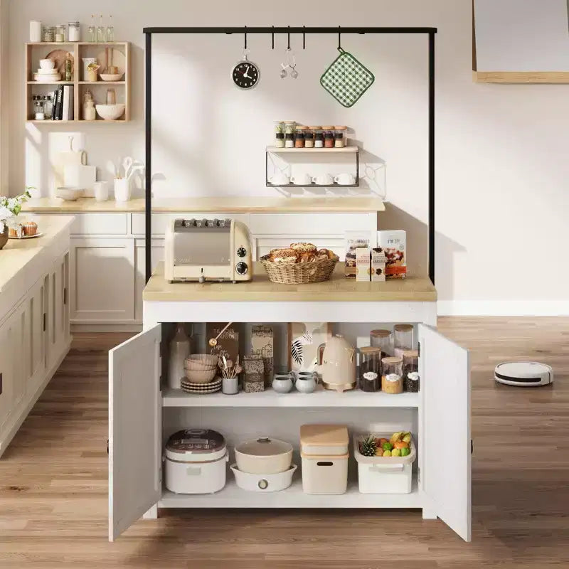 Coolmee Mobile Kitchen Island with Storage 42 - Heavy Duty Kitchen Cart with 2-Tier Shelves & 5 Hooks, Wood Countertop for Small Spaces