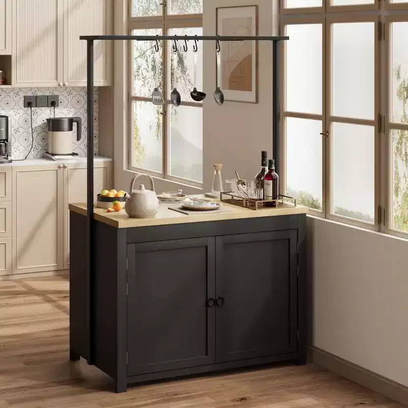 Coolmee Mobile Kitchen Island with Storage 42 - Heavy Duty Kitchen Cart with 2-Tier Shelves & 5 Hooks, Wood Countertop for Small Spaces