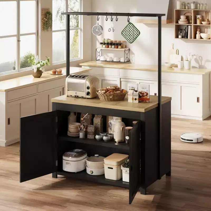 Coolmee Mobile Kitchen Island with Storage 42 - Heavy Duty Kitchen Cart with 2-Tier Shelves & 5 Hooks, Wood Countertop for Small Spaces