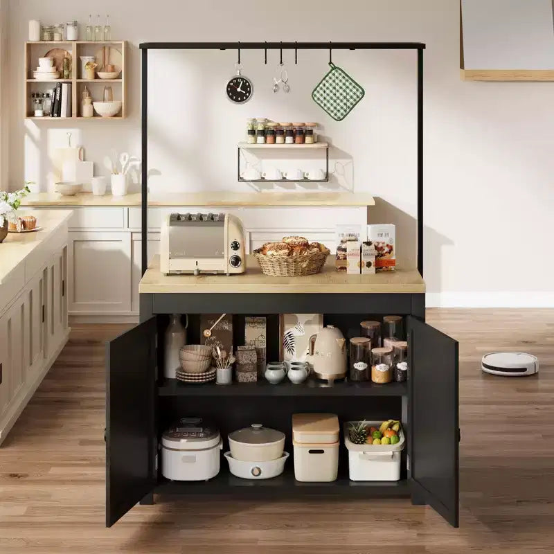 Coolmee Mobile Kitchen Island with Storage 42 - Heavy Duty Kitchen Cart with 2-Tier Shelves & 5 Hooks, Wood Countertop for Small Spaces