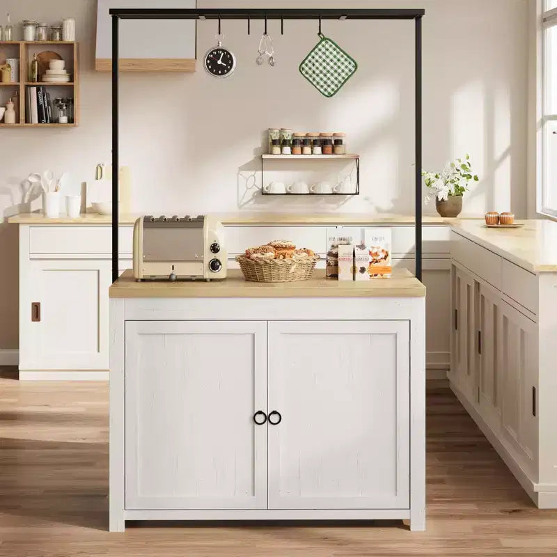 Coolmee Mobile Kitchen Island with Storage 42 - Heavy Duty Kitchen Cart with 2-Tier Shelves & 5 Hooks, Wood Countertop for Small Spaces