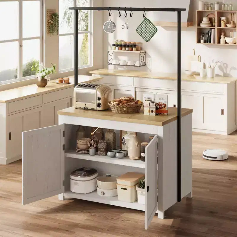 Coolmee Mobile Kitchen Island with Storage 42 - Heavy Duty Kitchen Cart with 2-Tier Shelves & 5 Hooks, Wood Countertop for Small Spaces