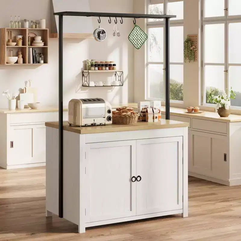 Coolmee Mobile Kitchen Island with Storage 42 - Heavy Duty Kitchen Cart with 2-Tier Shelves & 5 Hooks, Wood Countertop for Small Spaces