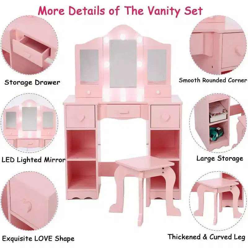 2-In-1 Vanity Table, Kids Vanity Table and Chair Set, Wooden Princess Makeup Desk Dressing Table, Princess Pretend Play Makeup Vanity Table