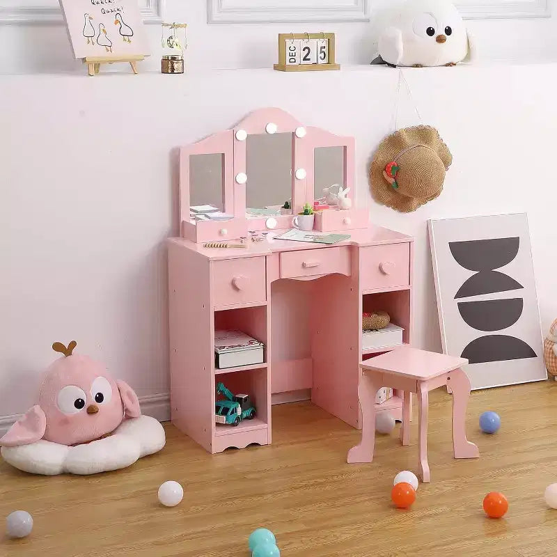 2-In-1 Vanity Table, Kids Vanity Table and Chair Set, Wooden Princess Makeup Desk Dressing Table, Princess Pretend Play Makeup Vanity Table