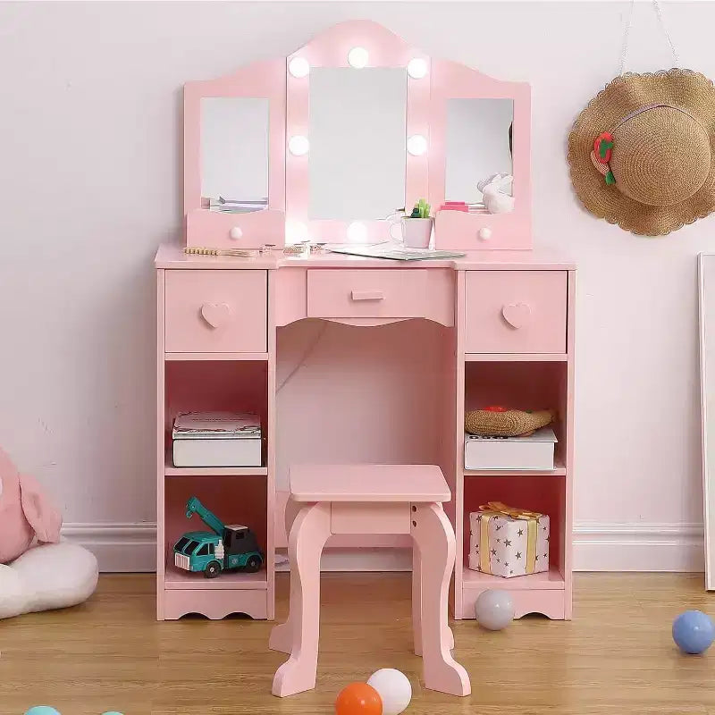 2-In-1 Vanity Table, Kids Vanity Table and Chair Set, Wooden Princess Makeup Desk Dressing Table, Princess Pretend Play Makeup Vanity Table